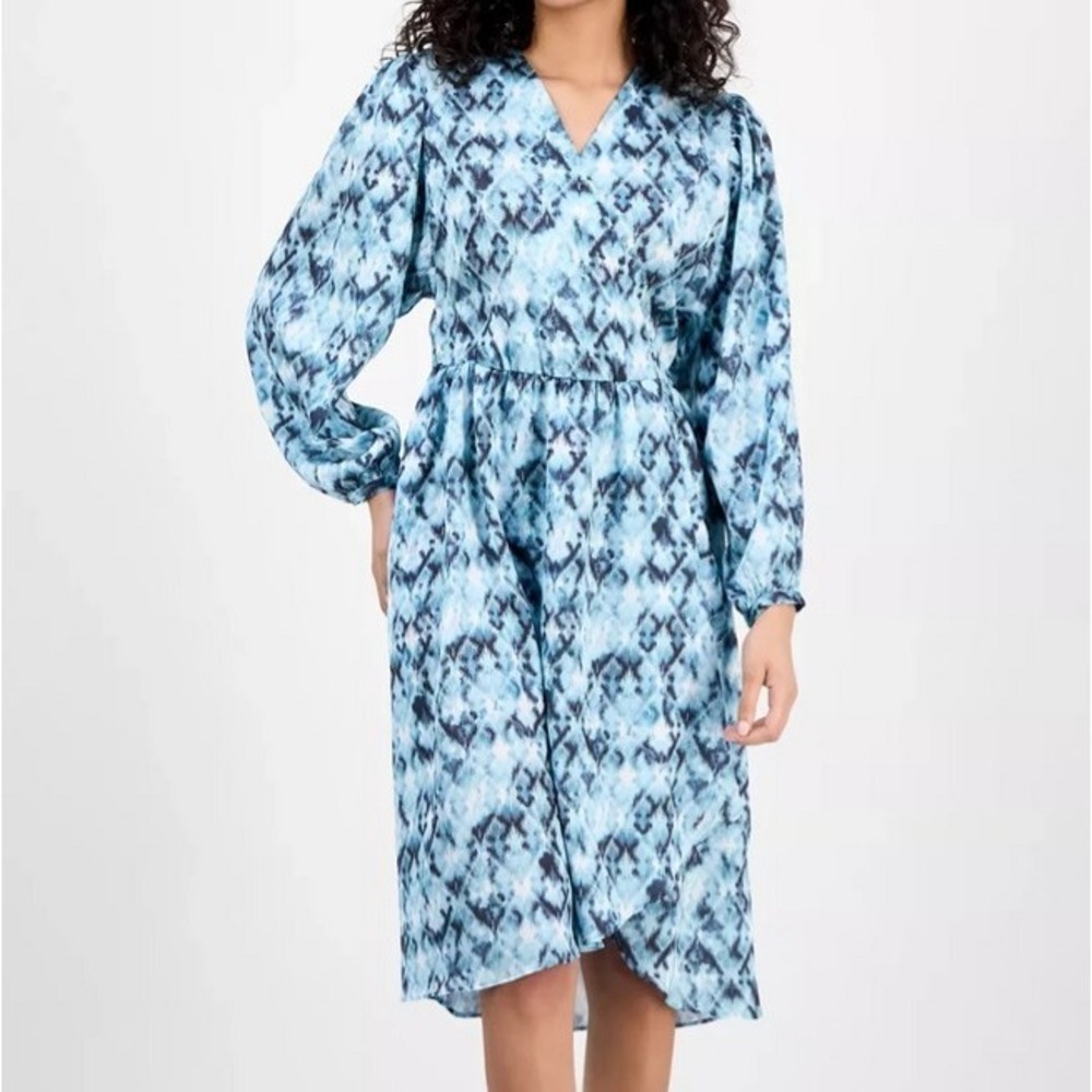 Boss‎ Orange Divanta Long Sleeve Surplice Neck Blue Print Dress Womens M NWT